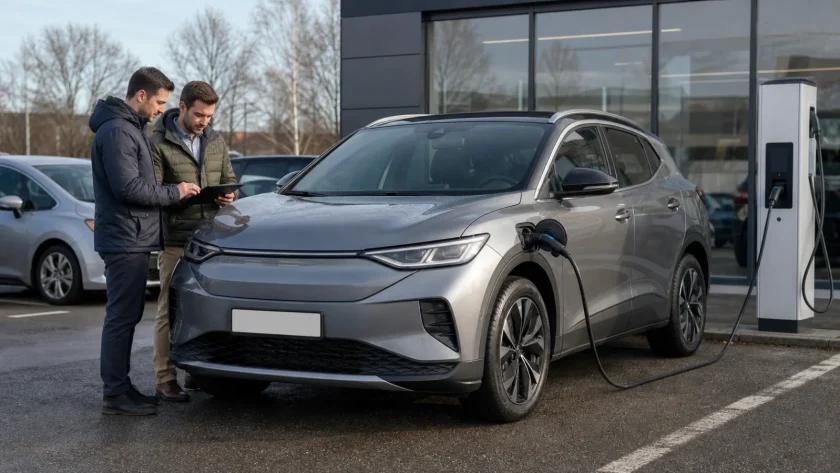 Подержанный электромобиль заряжается в Таллинне перед проверкой Autoco